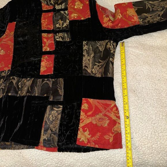 Chicos Medium (1) Silk Blend Black Red Gold Mandarin Style Patchwork Jacket EUC - Picture 11 of 13